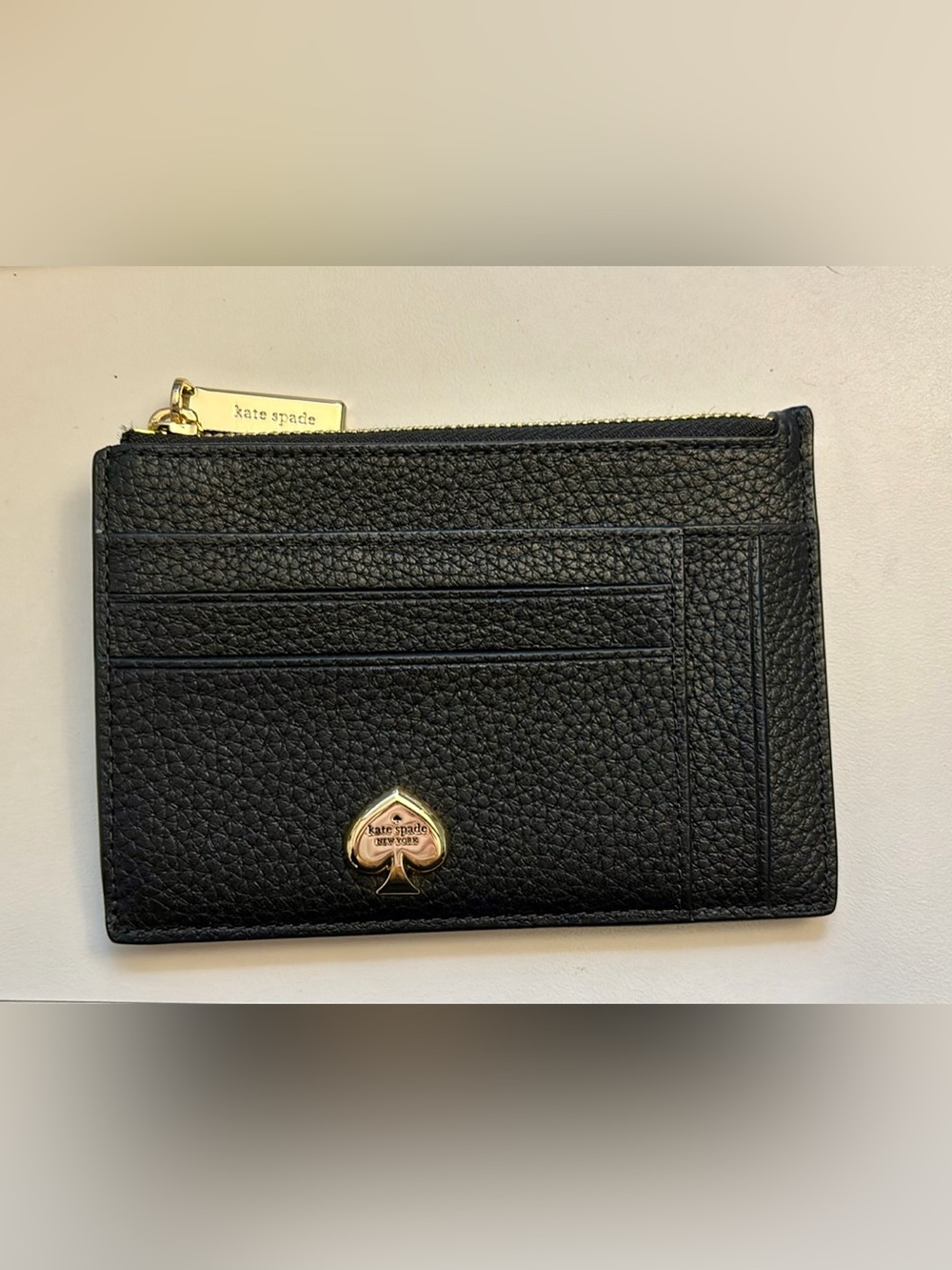 NWT kate spade Black Pebbled Leather Cardholder with Gold Metal Hardware